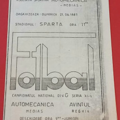 Program meci fotbal "AUTOMECANICA" MEDIAS - "AVINTUL" REGHIN(21.06.1987)