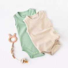 Set 2 body-uri fara maneci bebe unisex -100% bumbac organic - Mint/Stone, BabyCosy (Marime: 9-12 luni)