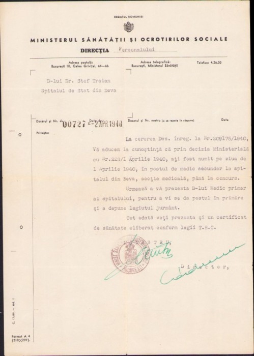 A2192 Numire &icirc;n post medic la Deva, 1940