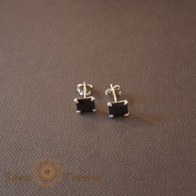 Cercei Unisex Argint 925 cu Cristal Zirconia Negru Patrat, 6 mm foto
