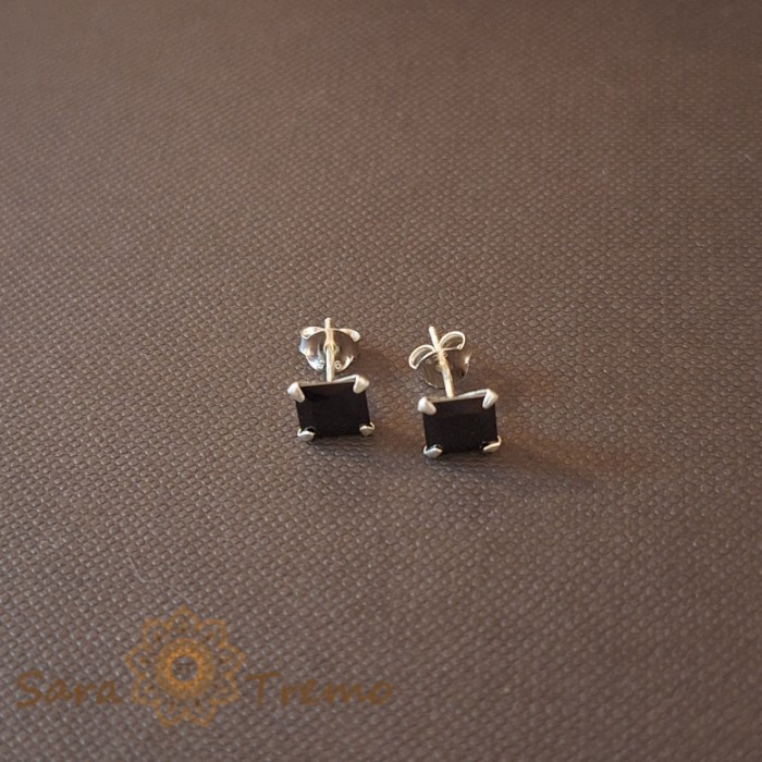 Cercei Unisex Argint 925 cu Cristal Zirconia Negru Patrat, 6 mm