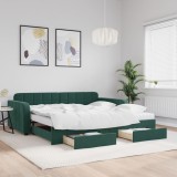 Pat de zi extensibil vidaXL, 100x200 cm, verde &icirc;nchis, catifea, cu 2 sertare depozitare si 2 saltele incluse