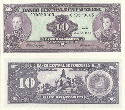 1995 (5 VI), 10 Bol&amp;iacute;vares (P-61d) - Venezuela - stare UNC foto