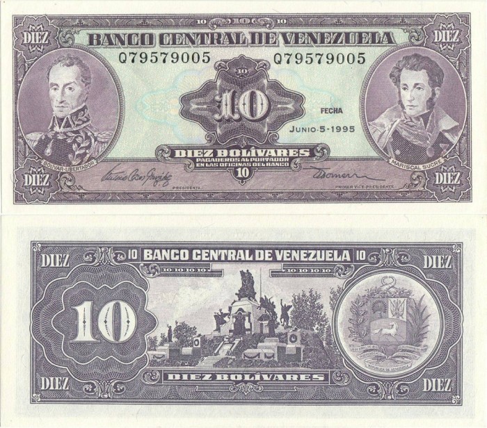 1995 (5 VI), 10 Bol&iacute;vares (P-61d) - Venezuela - stare UNC