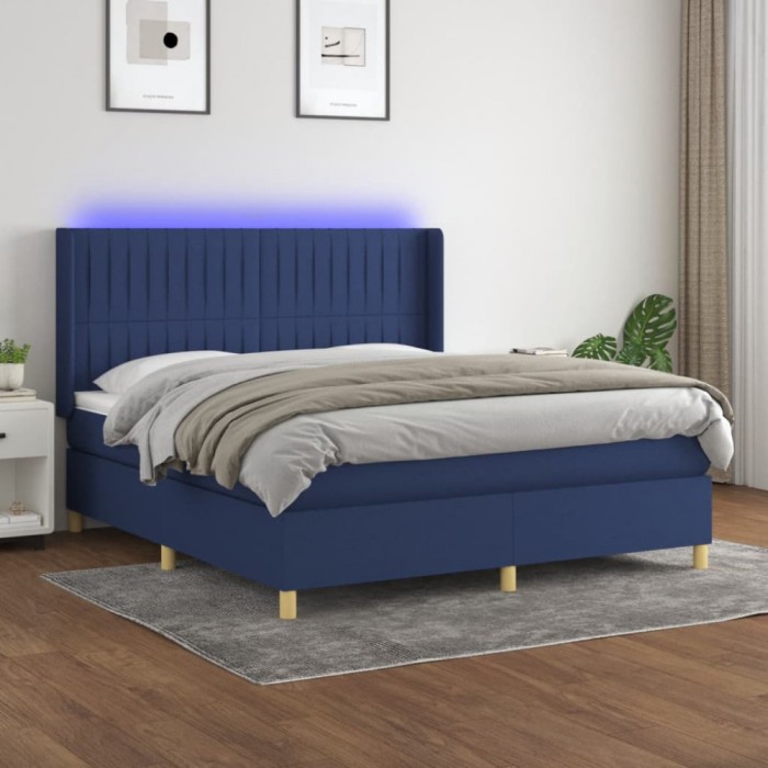 vidaXL Pat cu arcuri, saltea și LED, albastru, 180x200 cm, textil 3139059