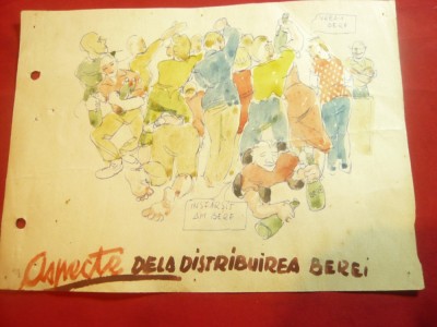 Caricatura- Tus si Acuarela -Distribuirea Berii -cu demonstratie ,anii &amp;#039;50 foto