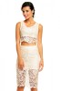 Compleu Dama Dantela Top Scurt si Fusta Midi Talie Inalta Alb Crem Elegant. Compleu ocazie speciala. 