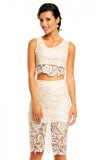 Compleu Dama Dantela Top Scurt si Fusta Midi Talie Inalta Alb Crem Elegant