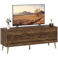 HOMCOM Măsuță TV mobilier TV din lemn pentru televizor de p&acirc;nă la 60 de inch cu dulapuri rafturi picioare din oțel 130 x 40 x 52 cm maro | Aosom Roman