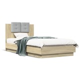 VidaXL Cadru de pat cu tăblie și lumini LED, stejar sonoma, 75x190 cm