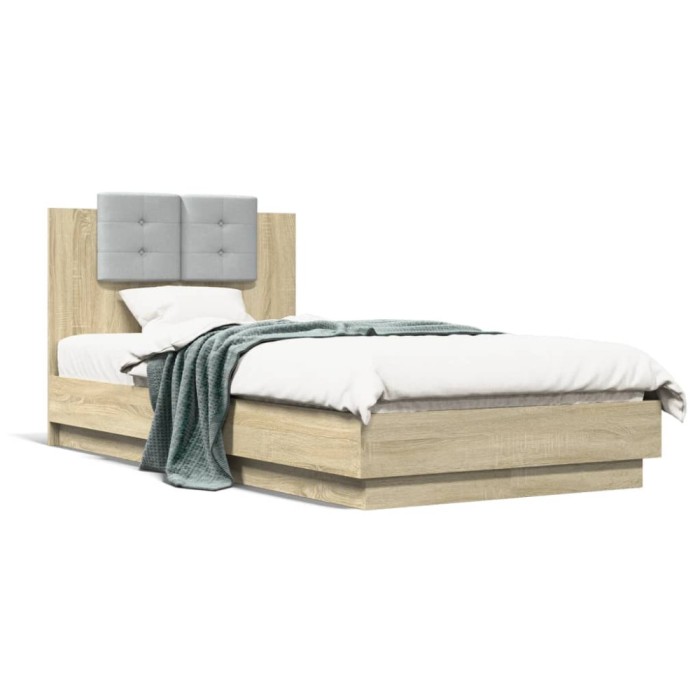 vidaXL Cadru de pat cu tăblie și lumini LED, stejar sonoma, 75x190 cm 3210068