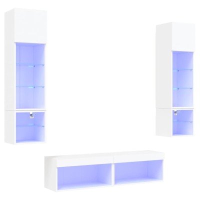 Unitati de perete TV cu LED-uri, 6 piese, alb, lemn prelucrat foto