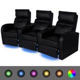 Canapea rabatabilă cu LED, 3 locuri, negru, piele artificială