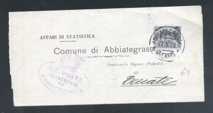 Italy 1929 Postal History Rare Cover Milan to Trecate D.507