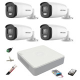 Sistem de supraveghere 4 camere ColorVU Hikvision 5MP, lumina alba 40m, 2.8mm, DVR 4 canale, Accesorii montaj, hard disk 1TB