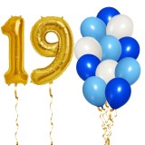 Set 14 Baloane Aniversare 19 Ani Baiat Albastru Auriu - Cifre Folie 81cm + Latex 30cm - Decor Petrecere Ropet