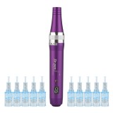 Aparat masaj facial, Dermapen, 10 capete rezerva cu 12 ace din titan, Dr.Pen Ultima X5-W, Wireless, Mov