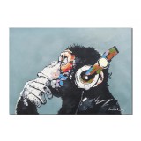 Tablou maimuta ascultand muzica la casti, 70x50cm pictat manual in ulei pe panza, reproducere Banksy