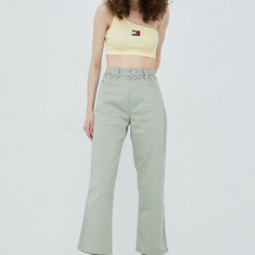 Tommy Jeans pantaloni din amestec de in Betsy femei, culoarea verde, lat, high waist