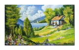 Cumpara ieftin Tablou peisaj de la munte cu casa si iole pictat manual, Oaza de liniste, 100x60cm ulei pe panza Constantin Feraru