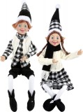 Set de 2 elfi de Craciun ABXMAS, fata si baiat, textil/spuma/fier , alb/negru, 43 cm