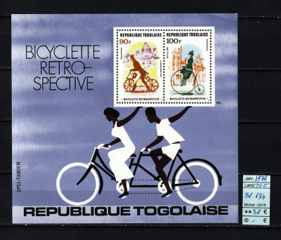 Timbre Togo, 1978 | Istoria bicicletei - Retrospectivă - Vehicule | MNH | aph foto