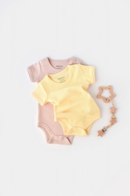 Set 2 body-uri bebe unisex -100% bumbac organic - Galben/Roz, BabyCosy (Marime: 6-9 luni) foto