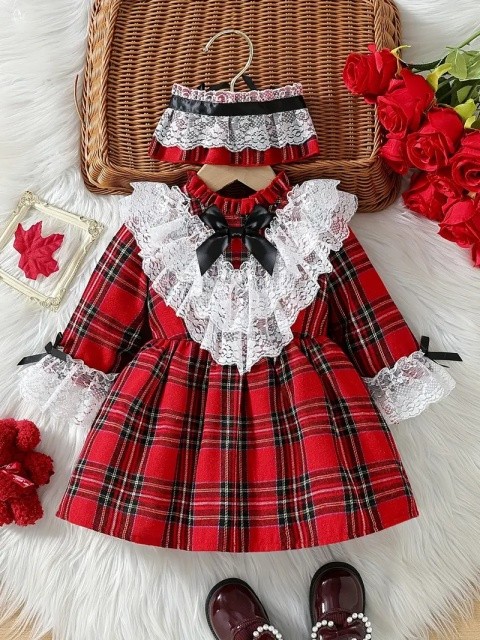Rochita in carourii rosii cu dantela alba (Marime Disponibila: 12-18 luni