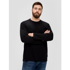 s.Oliver Big Sizes Tricou barbati big size cu maneca lunga, decolteu la baza gatului si buzunar pe piept, Negru