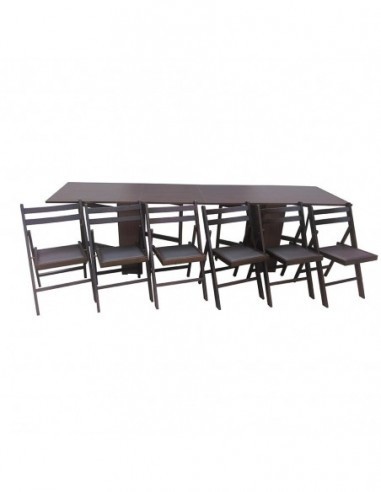 Set masa plianta 12 persoane, Pal Melaminat, insertii lemn masiv, 274x75x78 cm si 6 scaune pliante, tapiterie piele ecologica, wenge