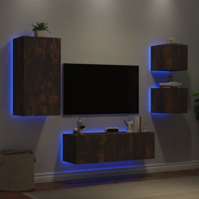 Comode TV de perete cu lumini LED, 4 piese, stejar fumuriu foto