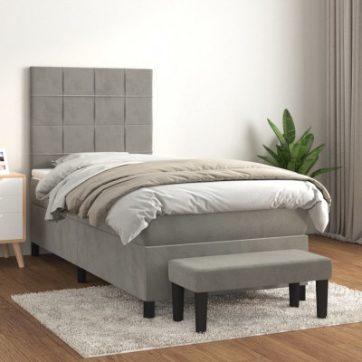 vidaXL Pat box spring cu saltea, gri deschis, 90x190 cm, catifea foto