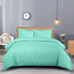 Lenjerie de pat pentru o persoana cu husa elastic pat si fata perna dreptunghiulara, Elegance, damasc, dunga 1 cm 130 g/mp, Turcoaz/Verde, bumbac 100%