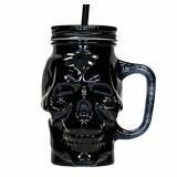 Cana Pufo din sticla in forma de craniu cu pai si capac pentru cocktail sau bauturi racoritoare, 400 ml, negru