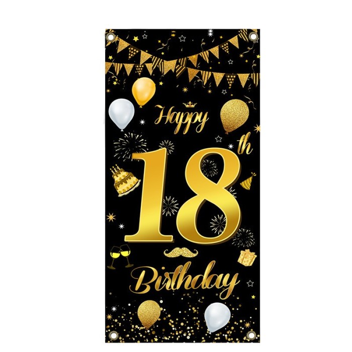 Banner pentru petrecere, flippy, model happy birthday, tematica majorat, aniversare 18 ani, 185x90 cm, negru