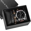 Set Cadou Barbati Yazole: Ceas Elegant + 2 Bratari Piele/Pietre Naturale, Quartz, Maro/Negru, Cutie Cadou Inclusa