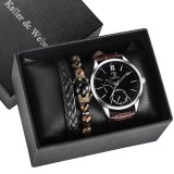 Cumpara ieftin Set Cadou Barbati Yazole: Ceas Elegant + 2 Bratari Piele/Pietre Naturale, Quartz, Maro/Negru, Cutie Cadou Inclusa