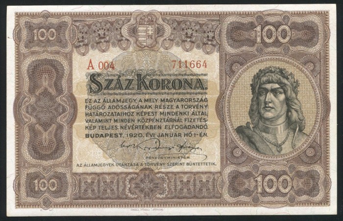 q464 UNGARIA 100 KORONA COROANE 1920 NECIRCULATA UNC text in limba romana