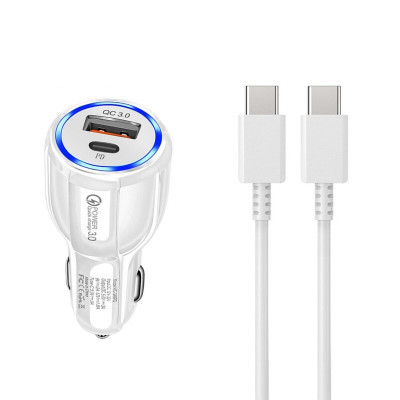 Kit adaptor auto pentru incarcare telefon cu tehnologia Qualcomm Fast Charging plus cablu USB Tip C la Tip C cu putere de 20W PD. foto