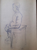 4. Portret de copil, schita veche, desen vechi creion carbune, Natura statica, Realism