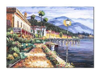 Tablou Bellagio lacul Como pictat manual, Pe inserat, 100x70cm ulei pe panza, Valentin Pop foto