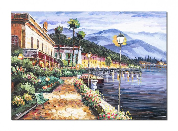 Tablou Bellagio lacul Como pictat manual, Pe inserat, 100x70cm ulei pe panza, Valentin Pop