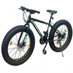 Bicicleta Fat Bike, roti 26 inch, cadru 17 inch, schimbator Shimano, 21 viteze, frane pe disc, negru/verde foto
