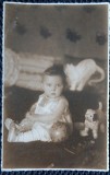 Fotografie tip Carte postala, Bebelus cu o pisica si jucarii, perioada interbelica
