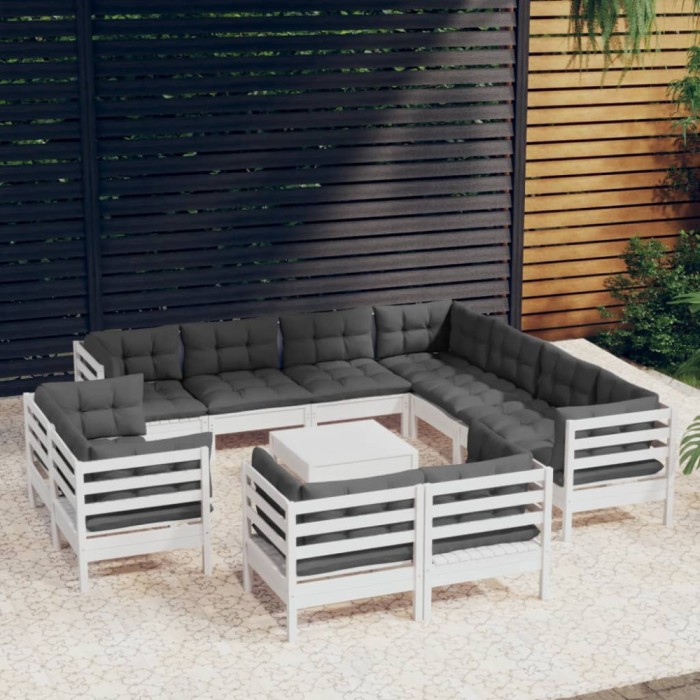 vidaXL Set mobilier grădină cu perne, 12 piese, alb, lemn masiv pin 3096942