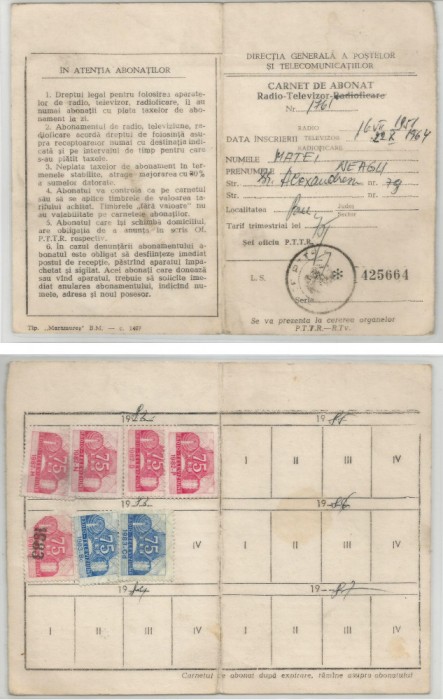 Romania, Carnet de abonat radio-televizor-radioficare, Bucuresti,1982