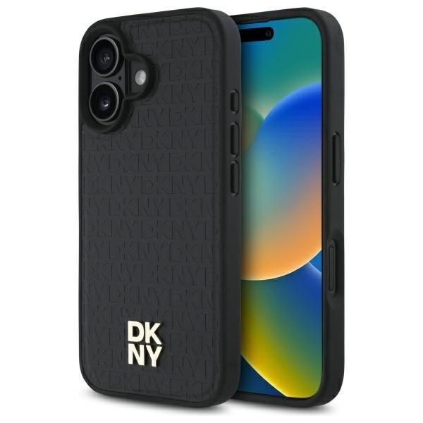 Husa piele iPhone 16 DKNY Leather Hardcase Repeat Pattern Stack Logo MagSafe, negru, DKHMP16SPSHRPSK