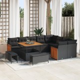 Set de canapea de grădină vidaXL cu 12 piese cu perne Negru Ratan Poli Acacia, Set de dining de grădină vidaXL cu 3 piese cu perne Negru Ratan Poli Ac