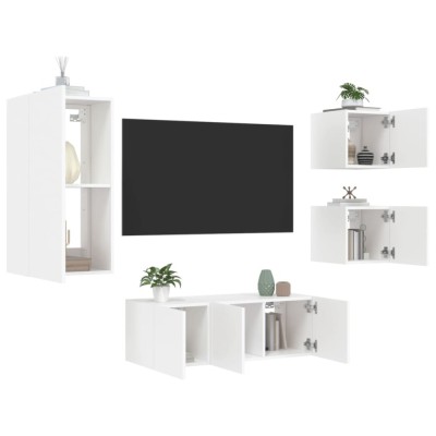 vidaXL Unități de perete TV cu LED-uri, 5 piese, alb, lemn prelucrat foto