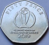 50 pence 2019 Isle of Man / Insula Man , Cricket ICC World Cup logo, tiraj 12500, Europa